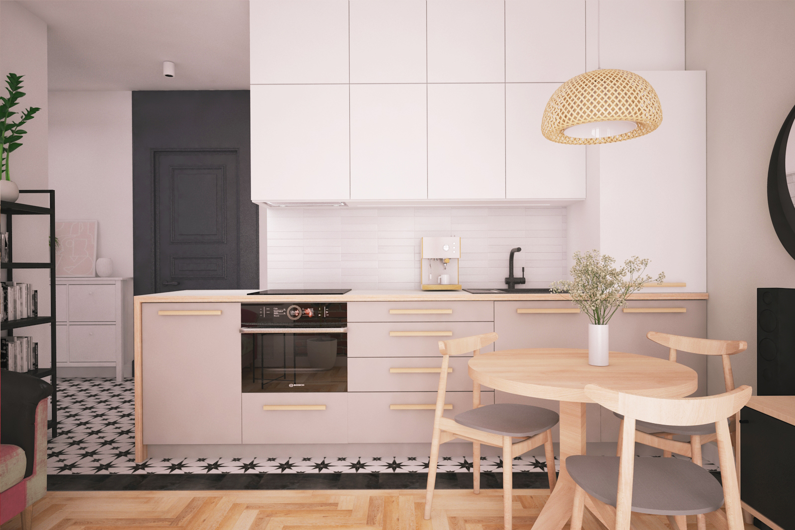 Grochowe-laki-kitchenette Kitchenette in bright colors in an apartment in a tenement house