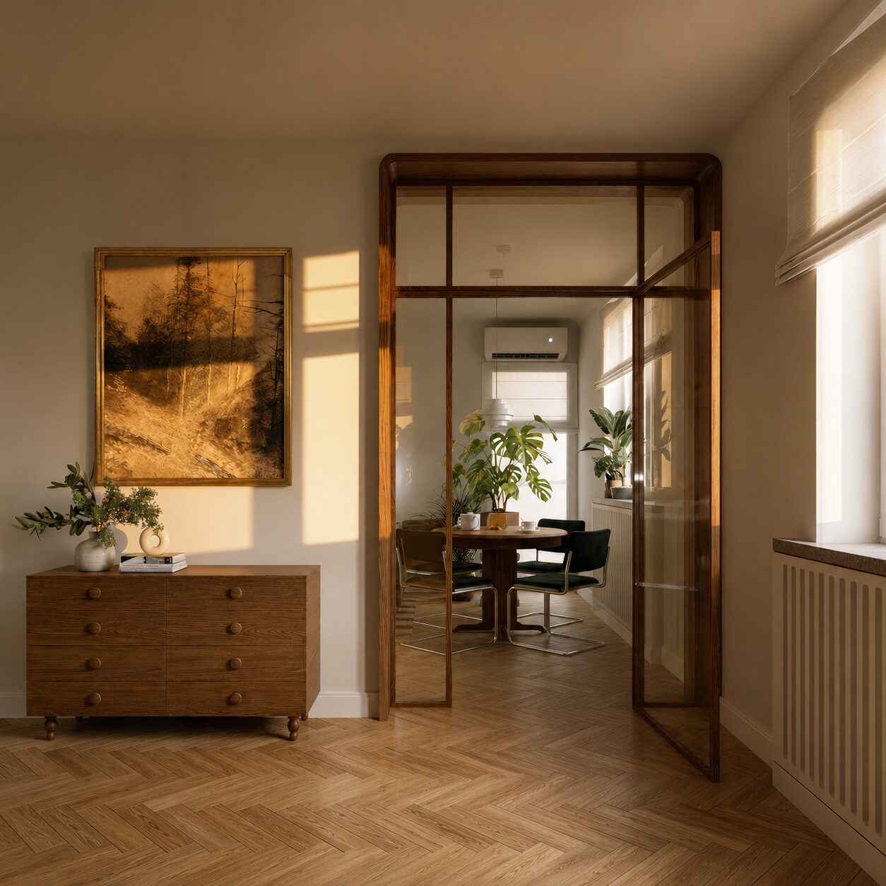 Warm apartment interior with wooden glass doors, herringbone floor, vintage dresser, framed artwork and natural sunlight.